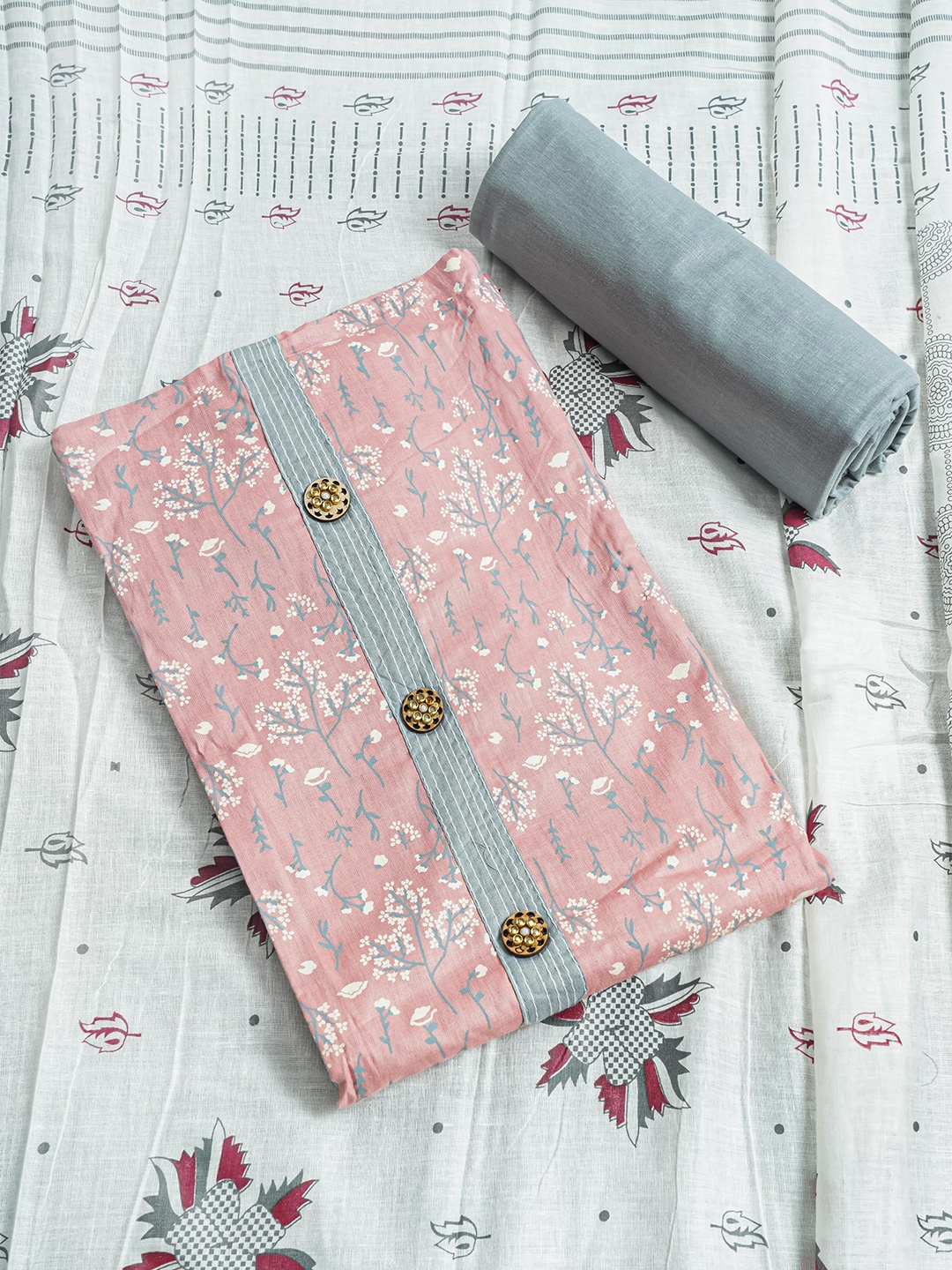 

Kalamandir Pink & Green Printed Pure Cotton Unstitched Dress Material