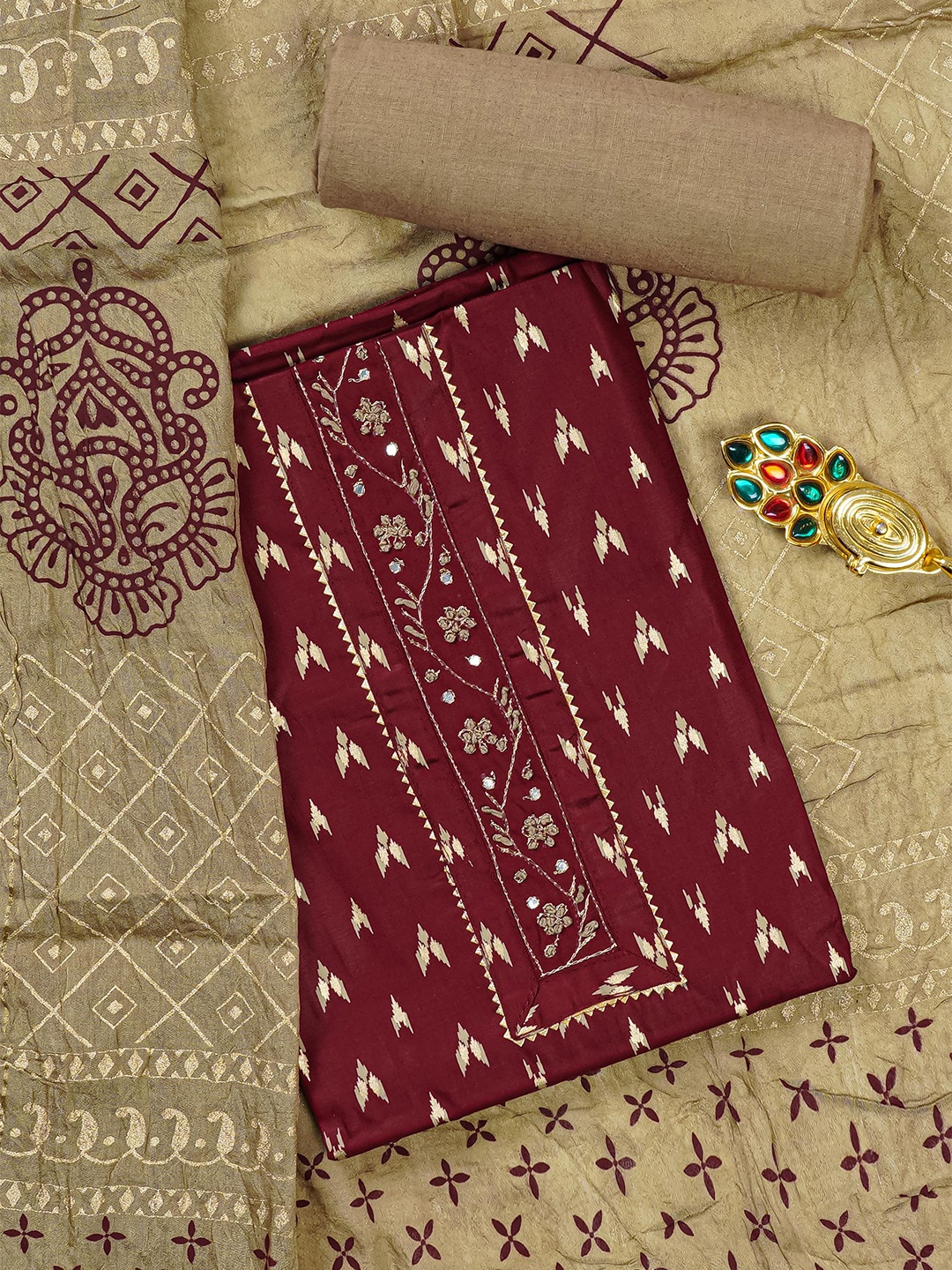 

Kalamandir Maroon & Gold-Toned Printed Unstitched Dress Material