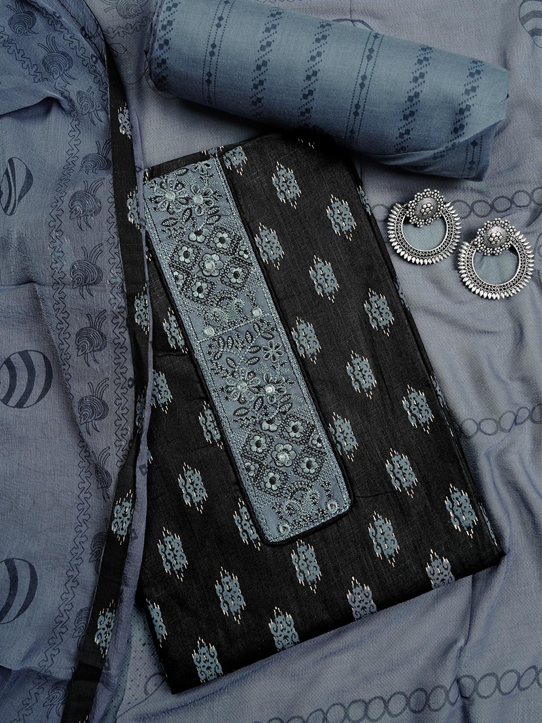 

Kalamandir Black & Grey Printed Pure Cotton Unstitched Dress Material