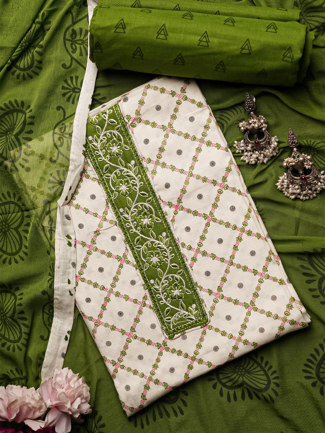 

Kalamandir White & Green Printed Pure Cotton Unstitched Dress Material