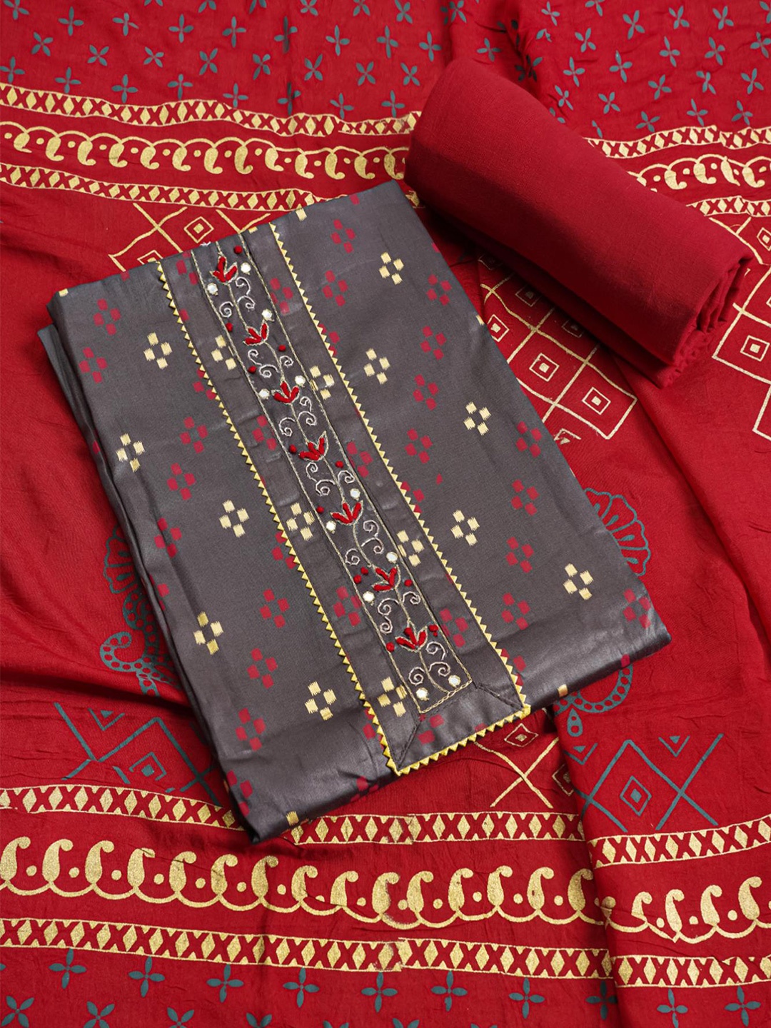 

Kalamandir Brown & Red Unstitched Dress Material