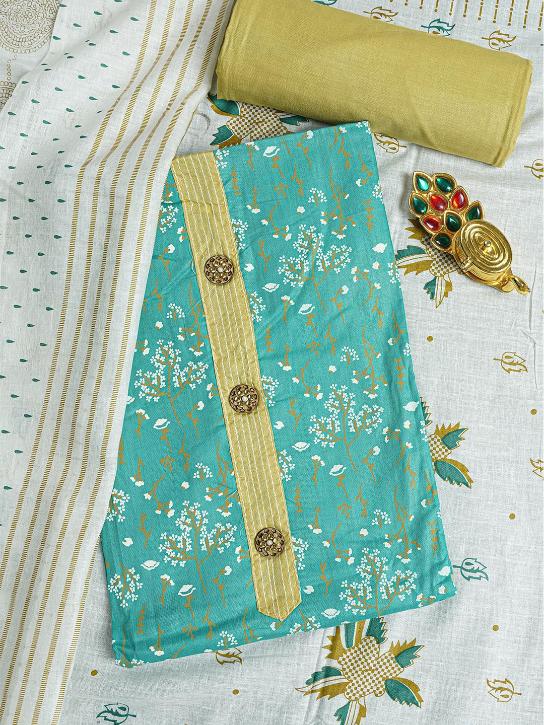 

Kalamandir Sea Green & White Printed Pure Cotton Unstitched Dress Material