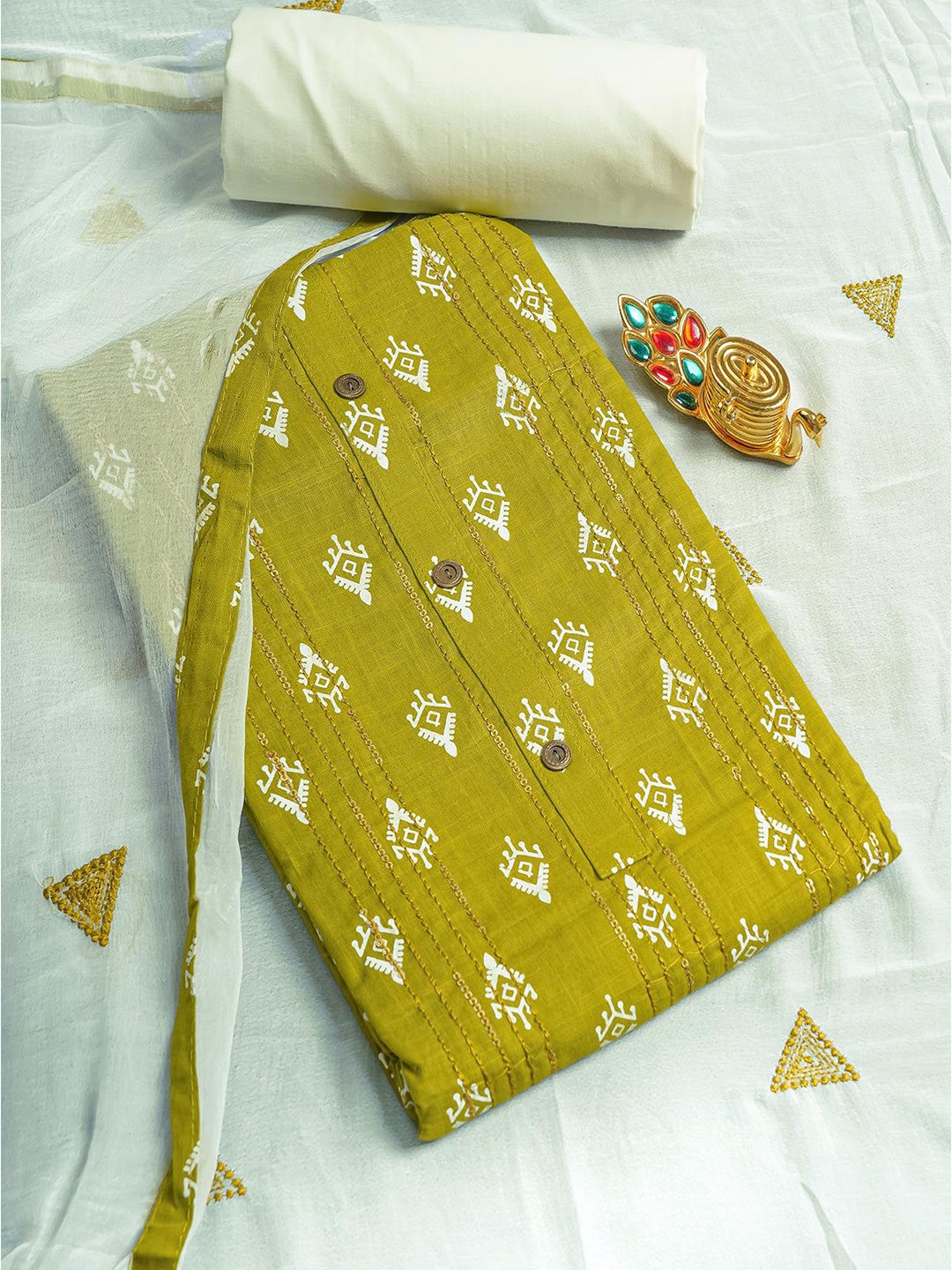 

Kalamandir Olive Green & White Printed Pure Cotton Unstitched Dress Material