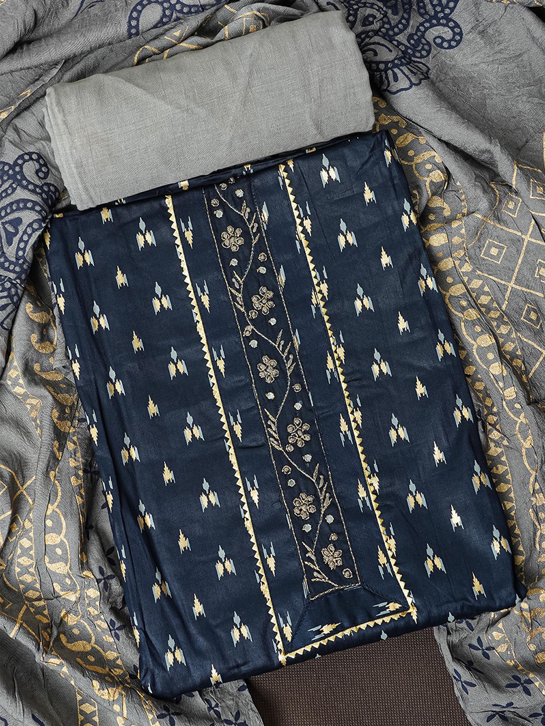 

Kalamandir Navy Blue & Grey Printed Unstitched Dress Material