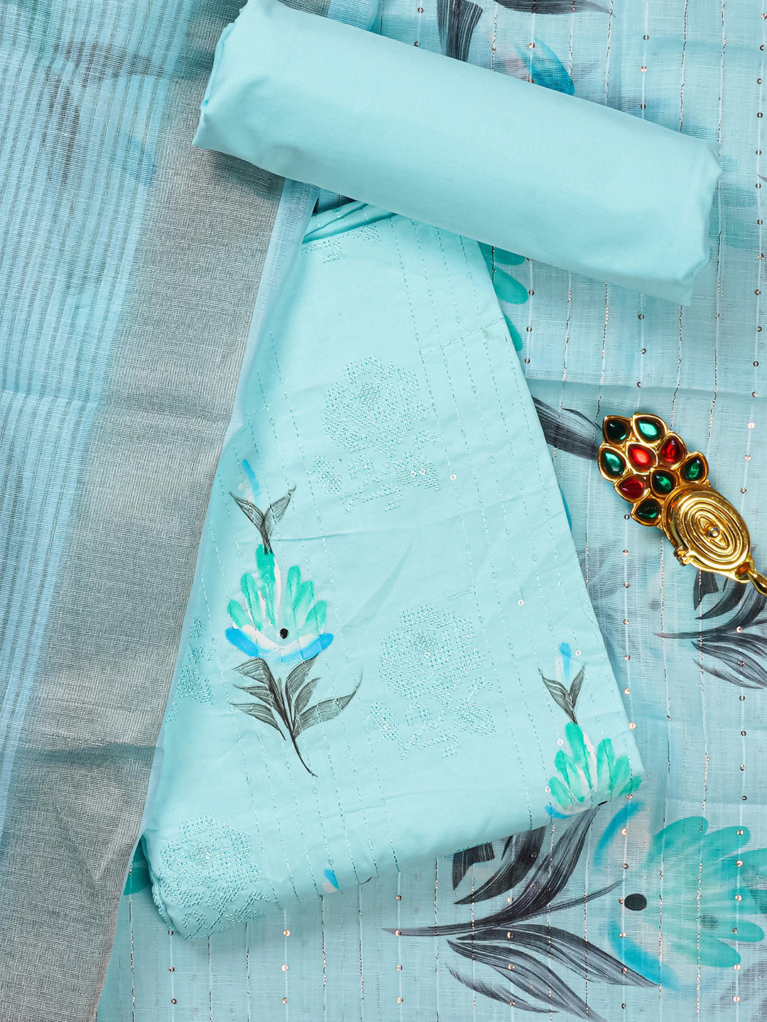 

Kalamandir Blue & Grey Printed Pure Cotton Unstitched Dress Material