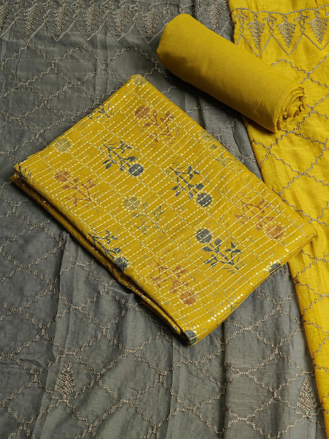 

Kalamandir Yellow & Grey Printed Pure Cotton Unstitched Dress Material