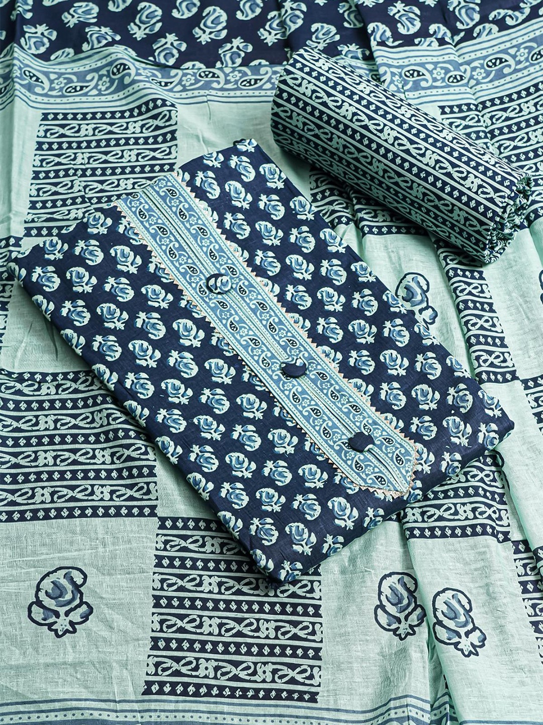 

Kalamandir Navy Blue & Green Printed Pure Cotton Unstitched Dress Material