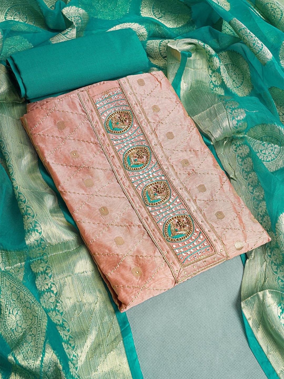 

Kalamandir Peach-Coloured & Green Embroidered Unstitched Dress Material