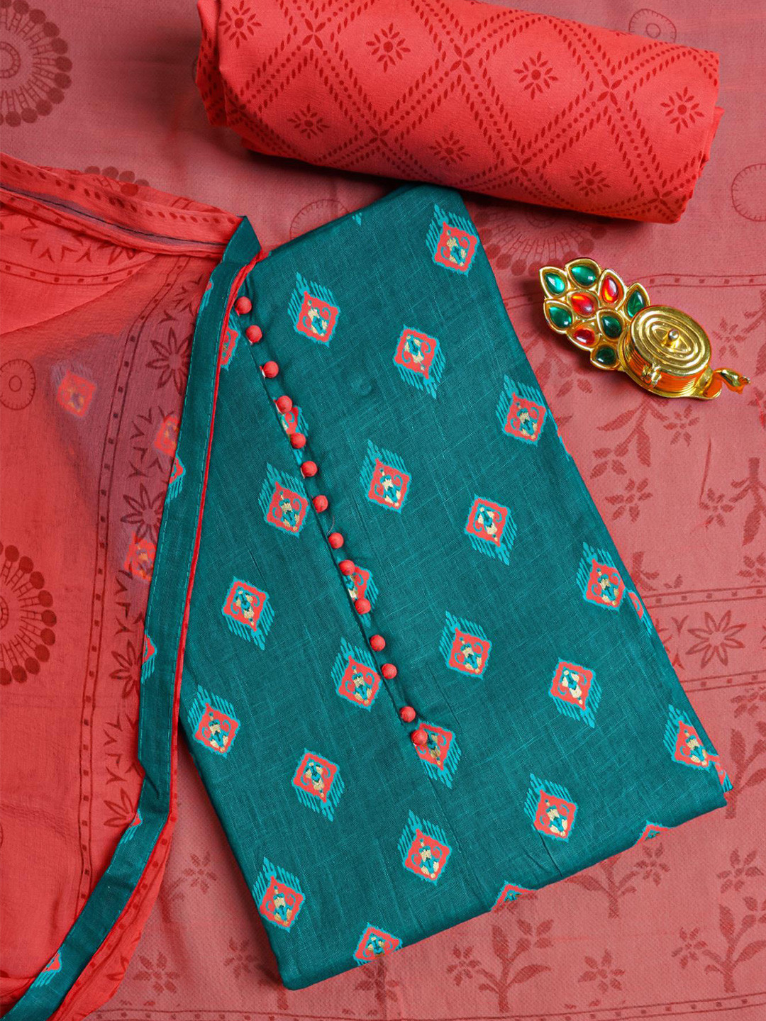 

Kalamandir Blue & Red Pure Cotton Unstitched Dress Material