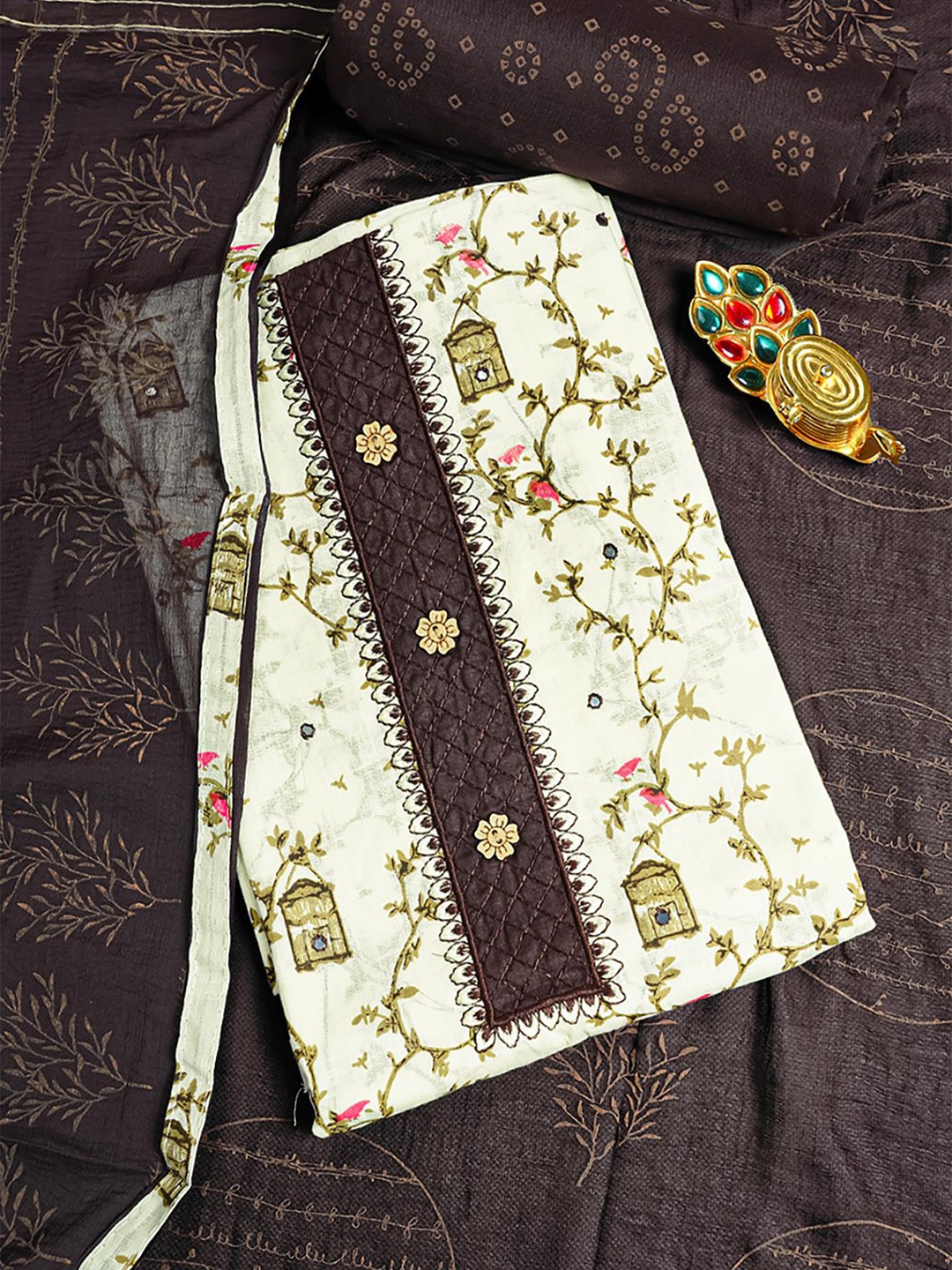 

Kalamandir Off White & Brown Printed Pure Cotton Unstitched Dress Material