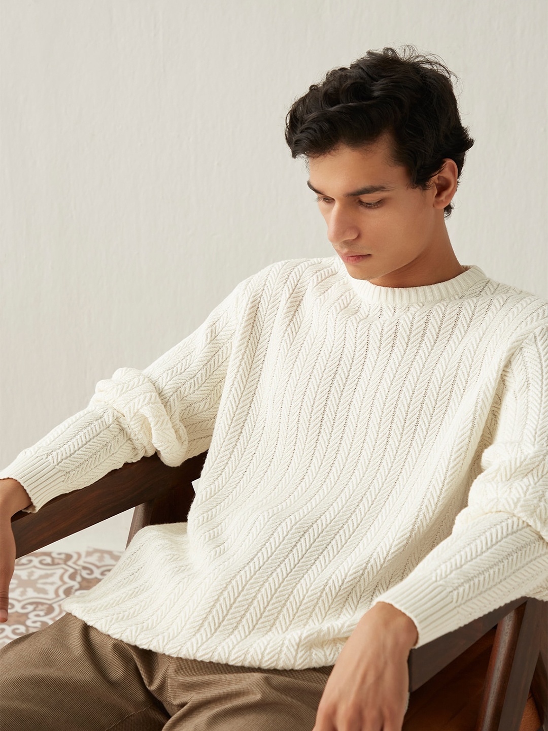 

Andamen Men Off White Striped Cotton Pullover Sweaters