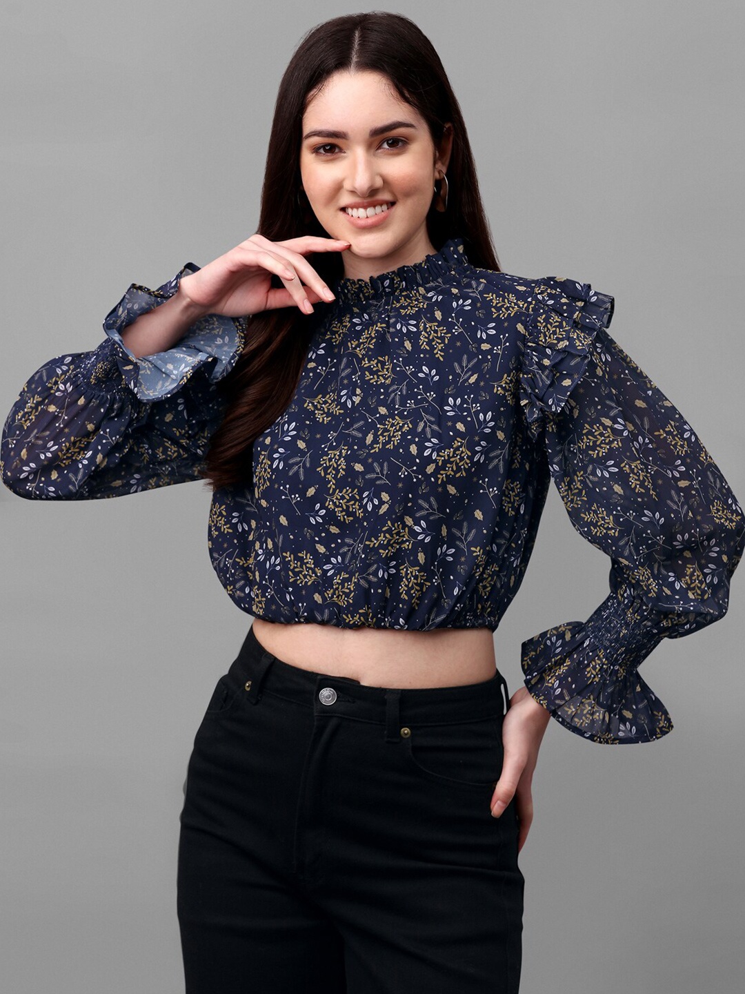 

Masakali Co Navy Blue Floral Print Georgette Blouson Crop Top