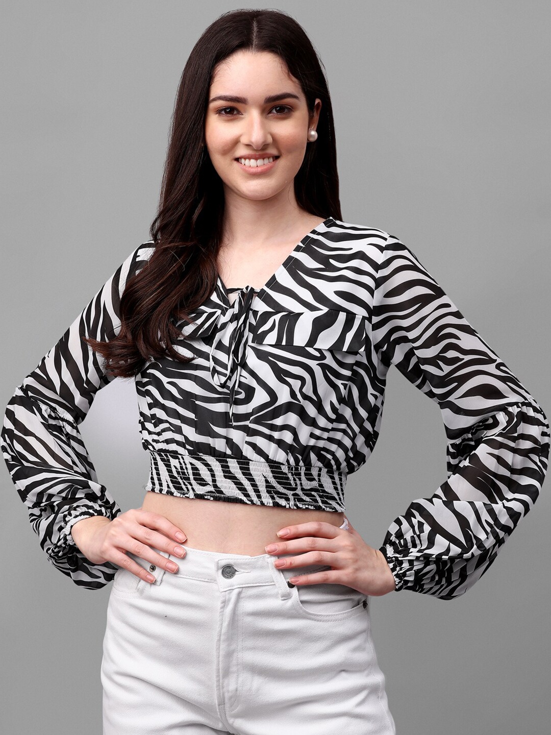 

Masakali Co White & Black Animal Print Tie-Up Neck Georgette Crop Top