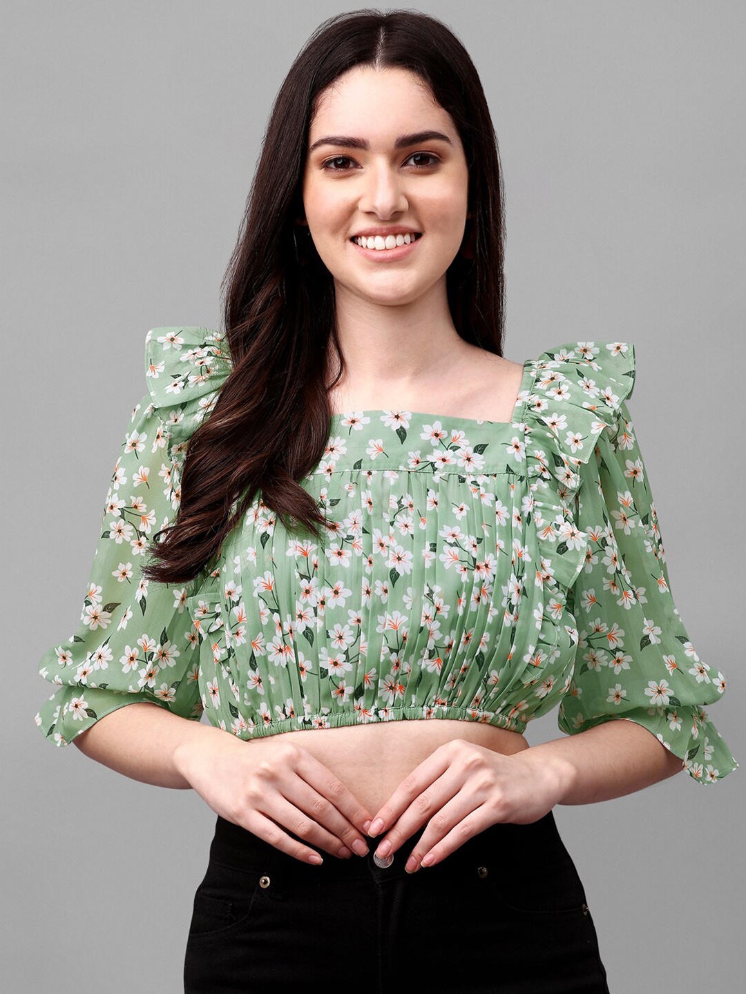 

Masakali Co Green Floral Print Georgette Styled Back Crop Top