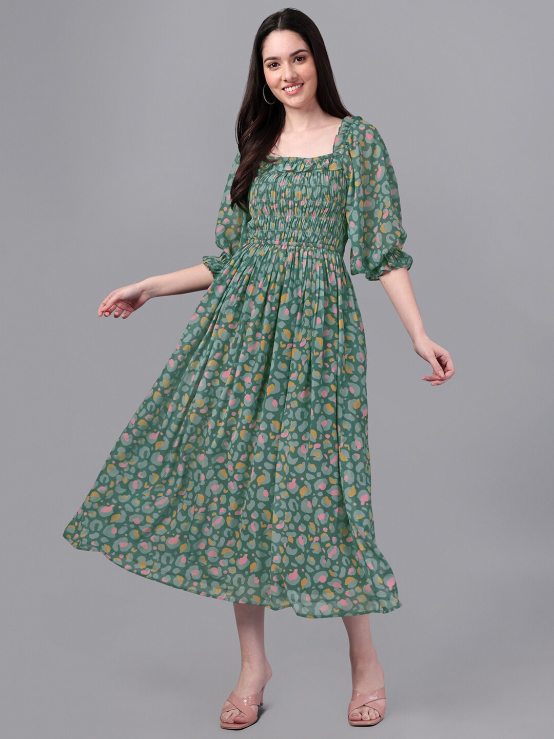 

Masakali.Co Green Floral Georgette Midi Dress