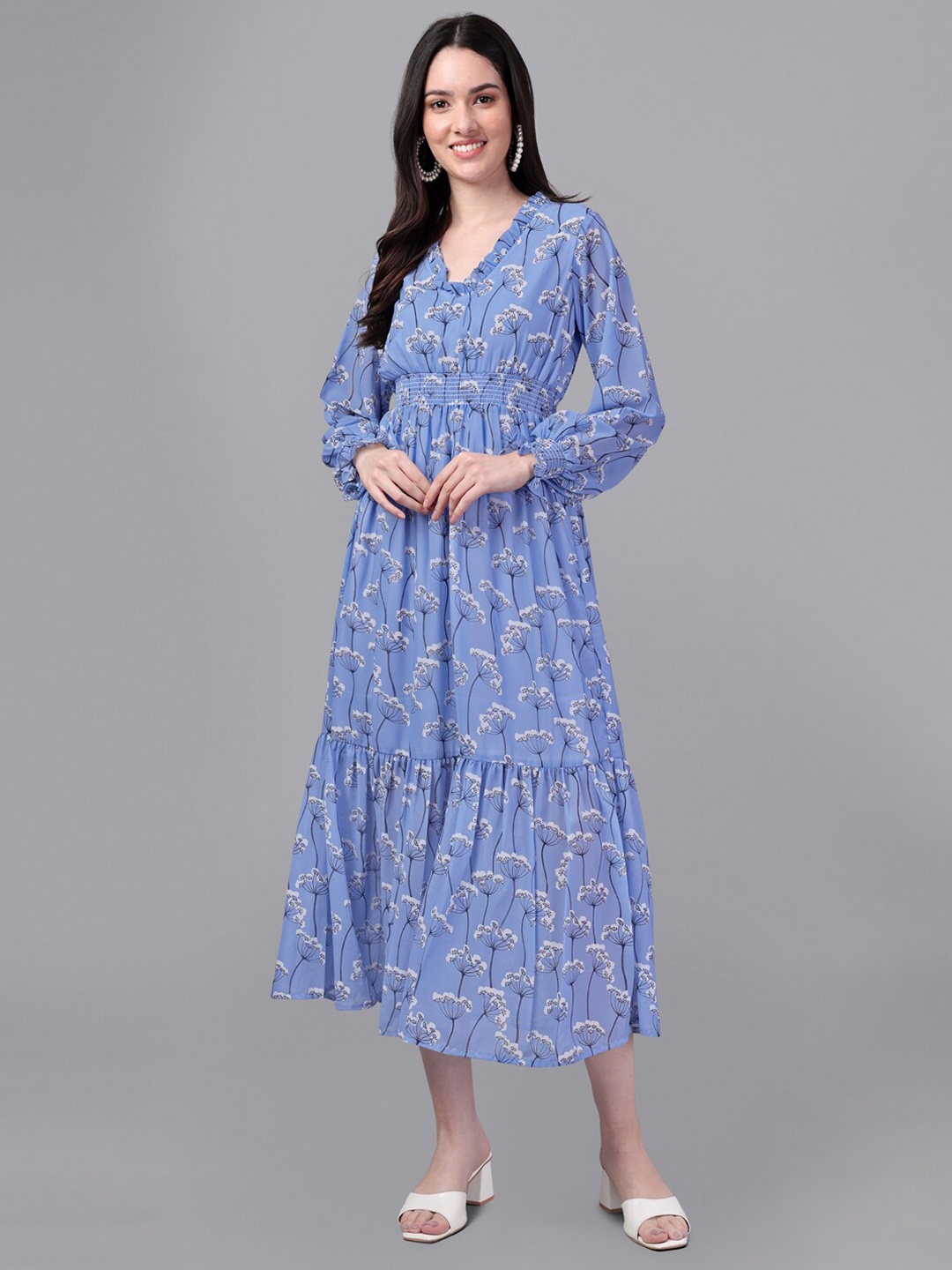 Masakali.Co Blue Floral Georgette Midi Dress