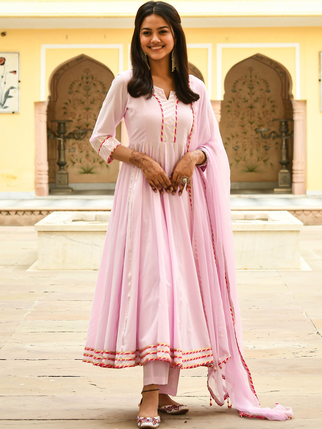 

Bunaai Women Pink Panelled Gotta Patti Pure Cotton Kurta with Trousers & With Dupatta