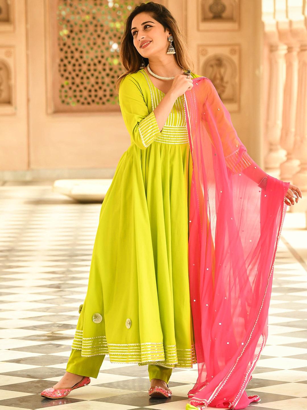 

Bunaai Women Lime Green Pure Cotton Kurta with Trousers & With Dupatta