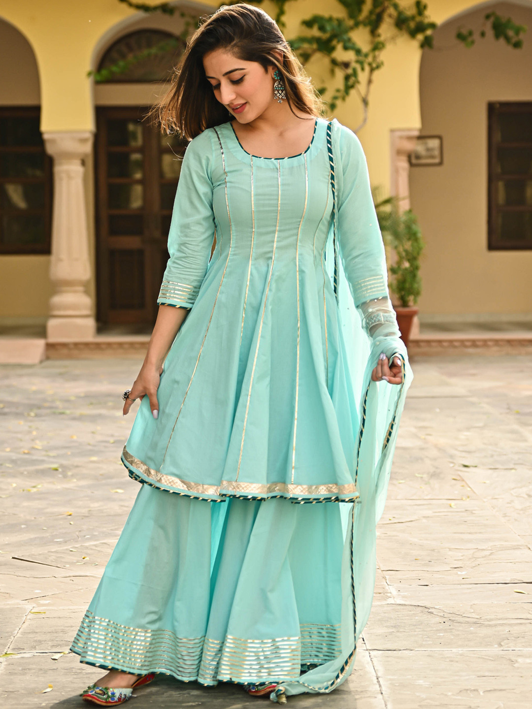 

Bunaai Women Blue Panelled Pure Cotton Kurta with Sharara & With Dupatta