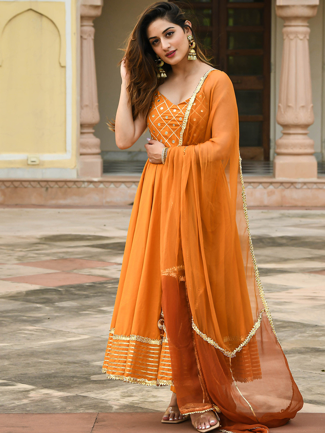 

Bunaai Women Rust Panelled Mirror Work Pure Cotton Kurta with Trousers & With Dupatta