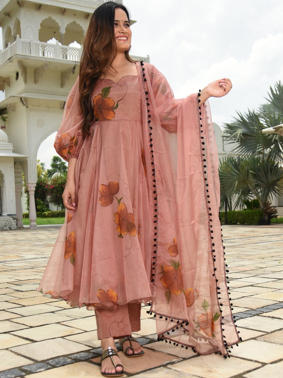 

Bunaai Women Peach Printed Pure Cotton Kurta with Palazzos & With Dupatta