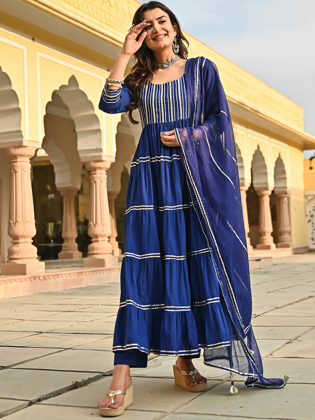 

Bunaai Women Blue Striped Tiered Gotta Patti Pure Cotton Kurta with Trousers & With Dupatta