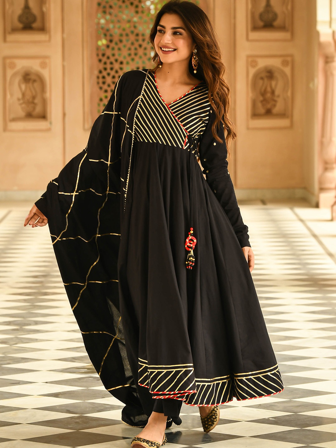 

Bunaai Women Black Striped Angrakha Gotta Patti Pure Cotton Kurta with Trousers & With Dupatta