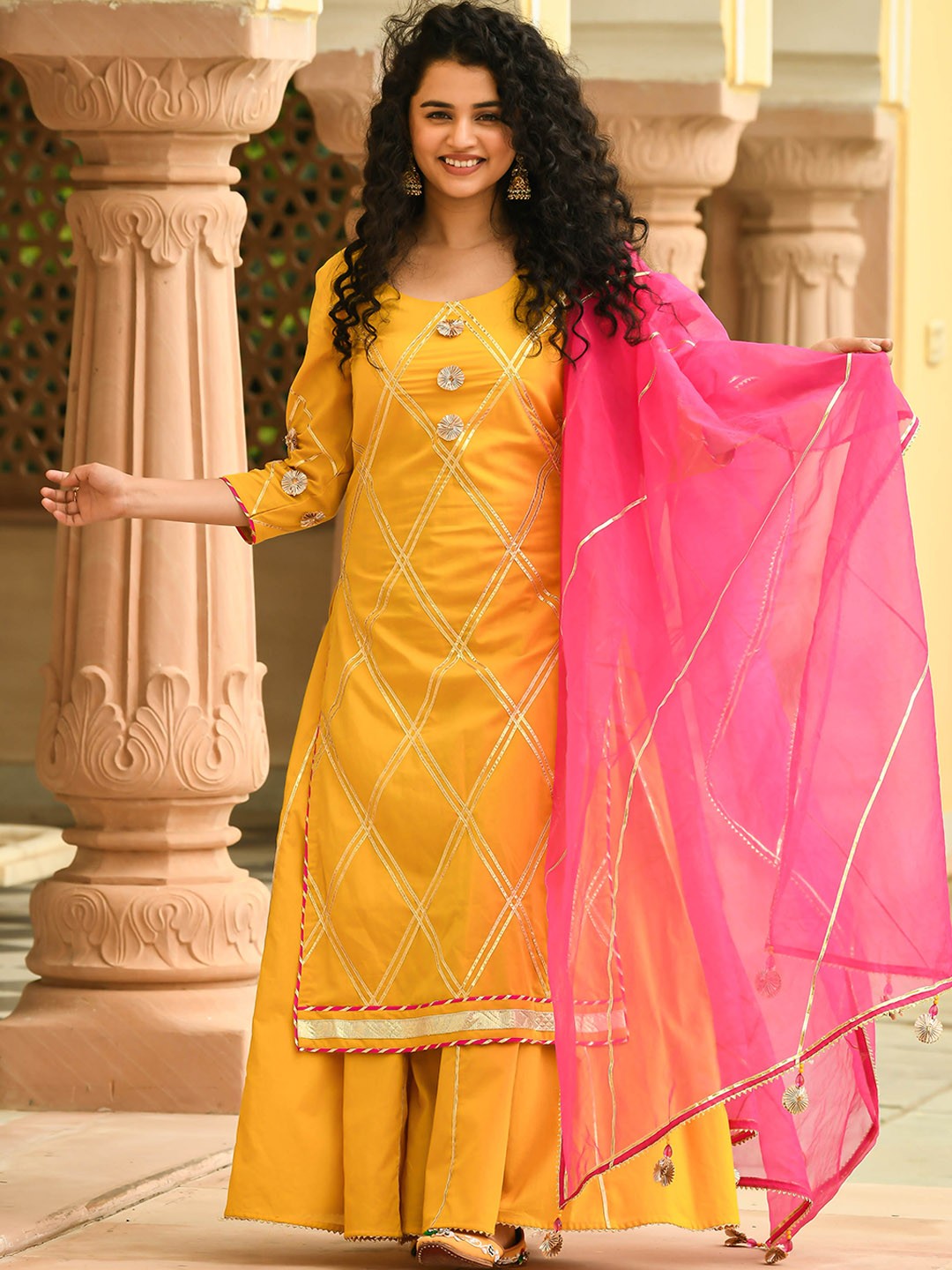 

Bunaai Women Yellow Gotta Patti Pure Cotton Kurta with Palazzos & With Dupatta