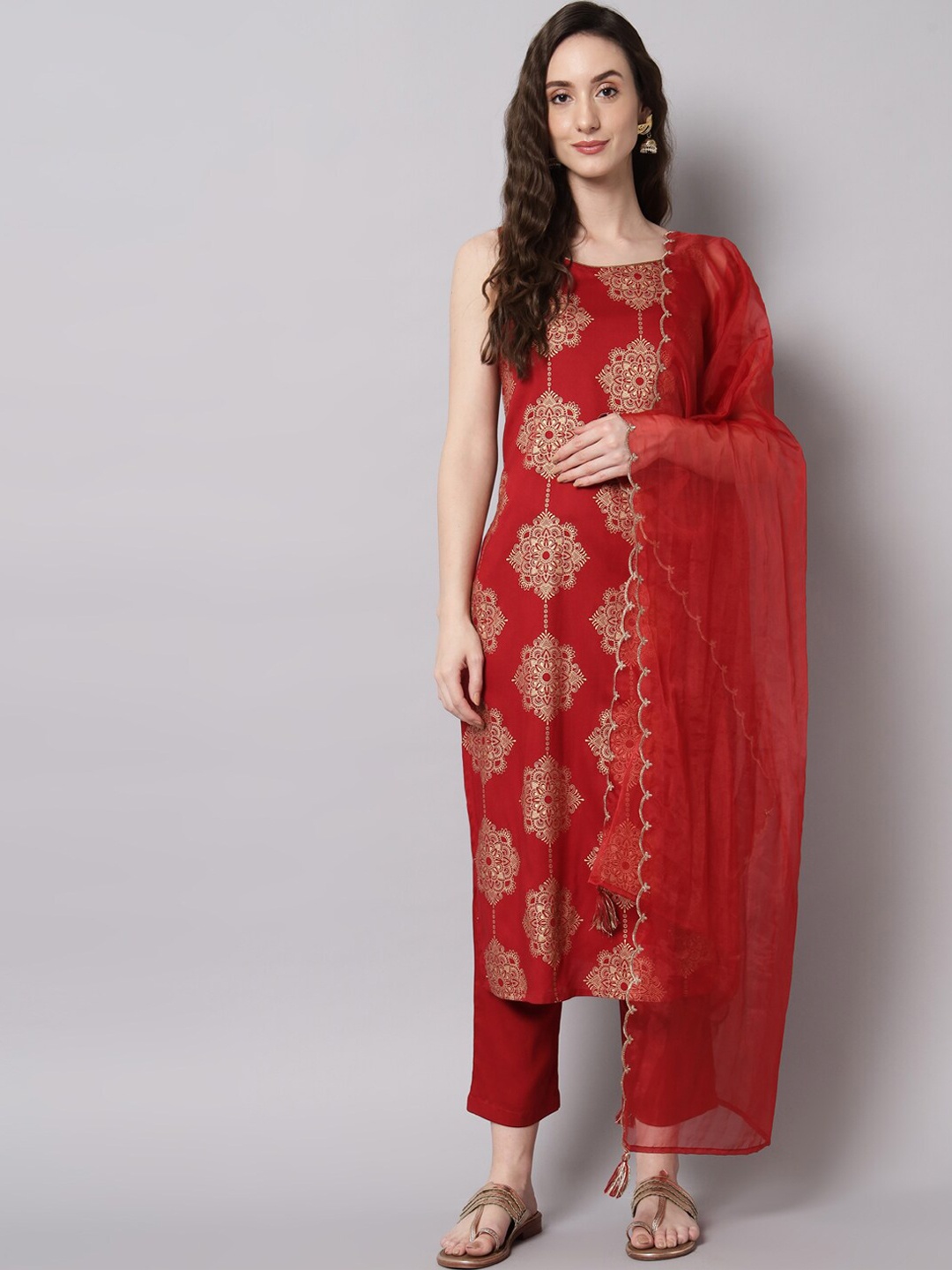 

Sutidora Women Red Ethnic Motifs Printed Kurta with Trousers & Dupatta