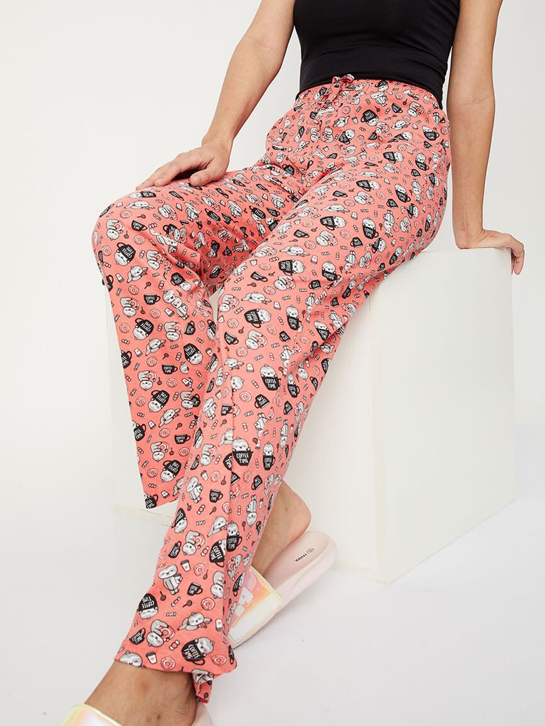 

max Women Peach & White Printed Pure Cotton Lounge Pants