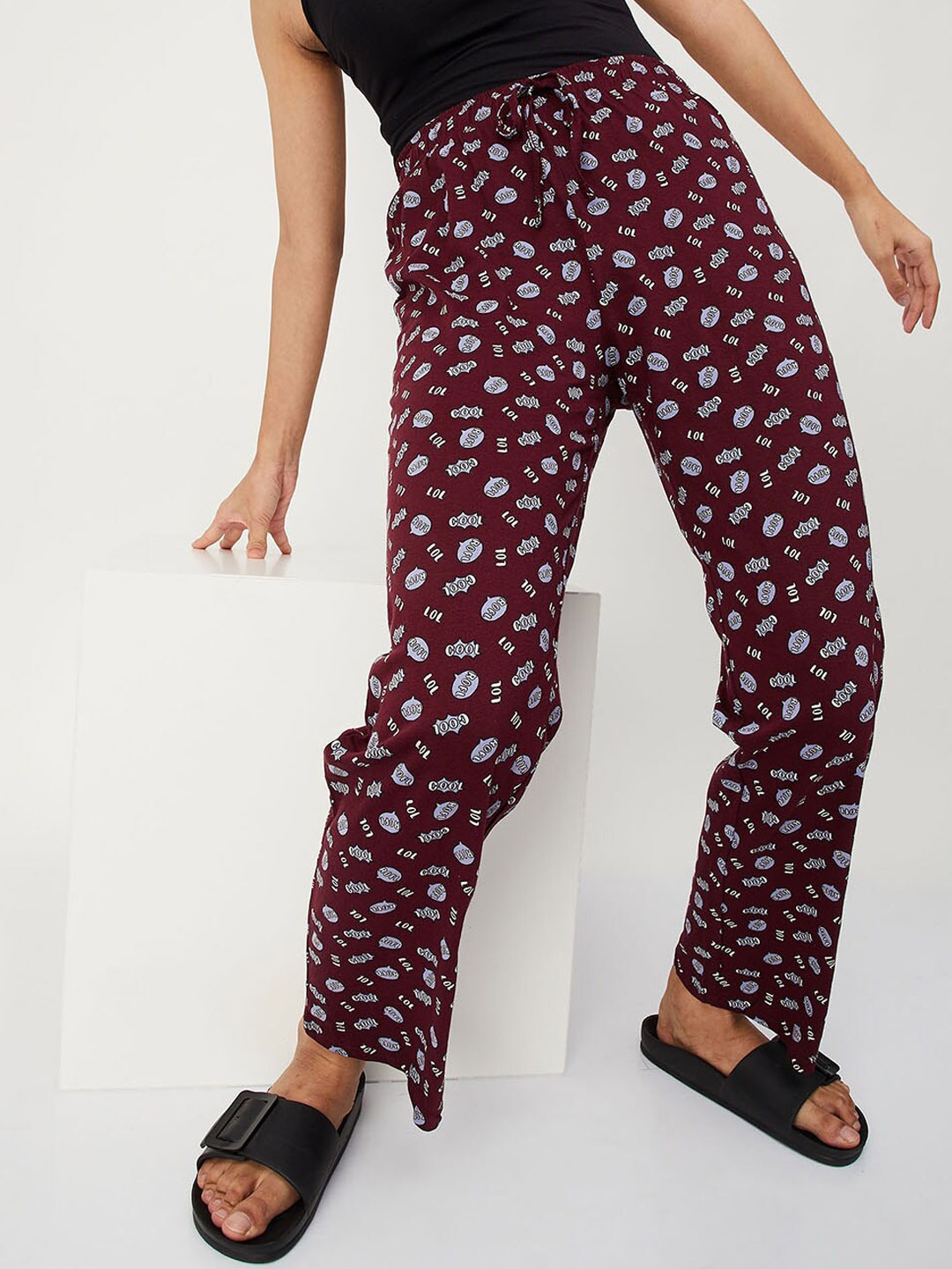 

max Women Red & White Printed Pure Cotton Lounge Pants, Maroon