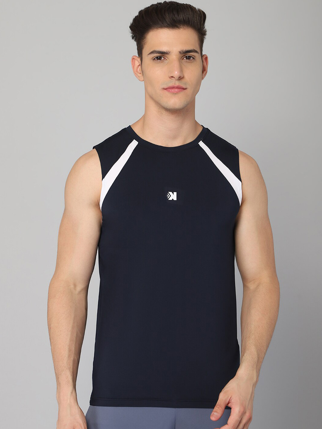 

JACKDANZA Men Navy Blue & White Appolo Sleeveless Gym Vest