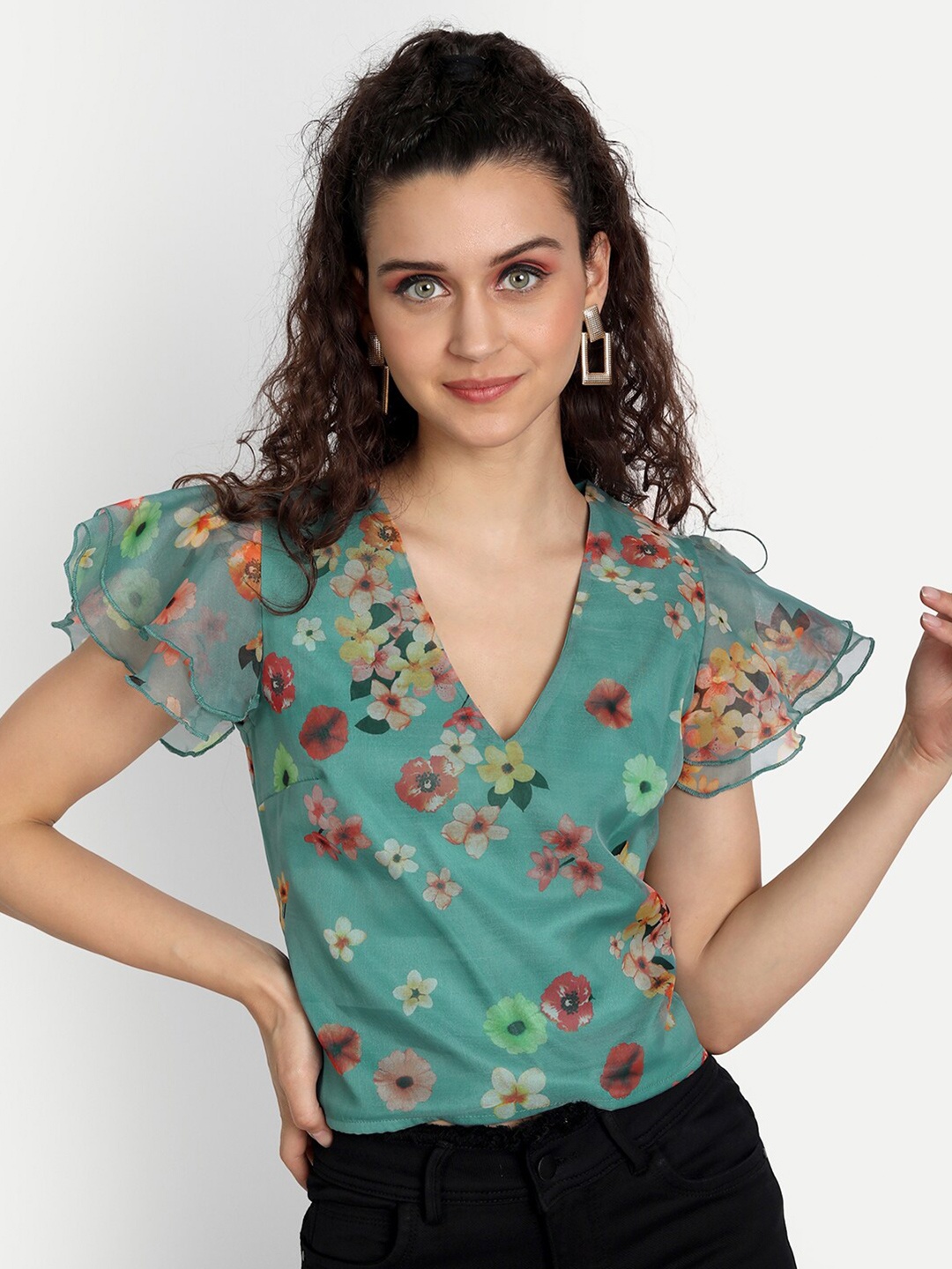 

ESSQUE Green Floral Print Wrap Top
