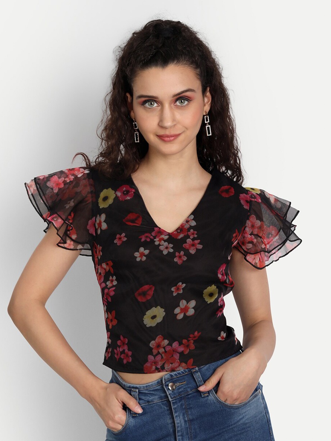 

ESSQUE Black Floral Printed Flared Sleeves Top