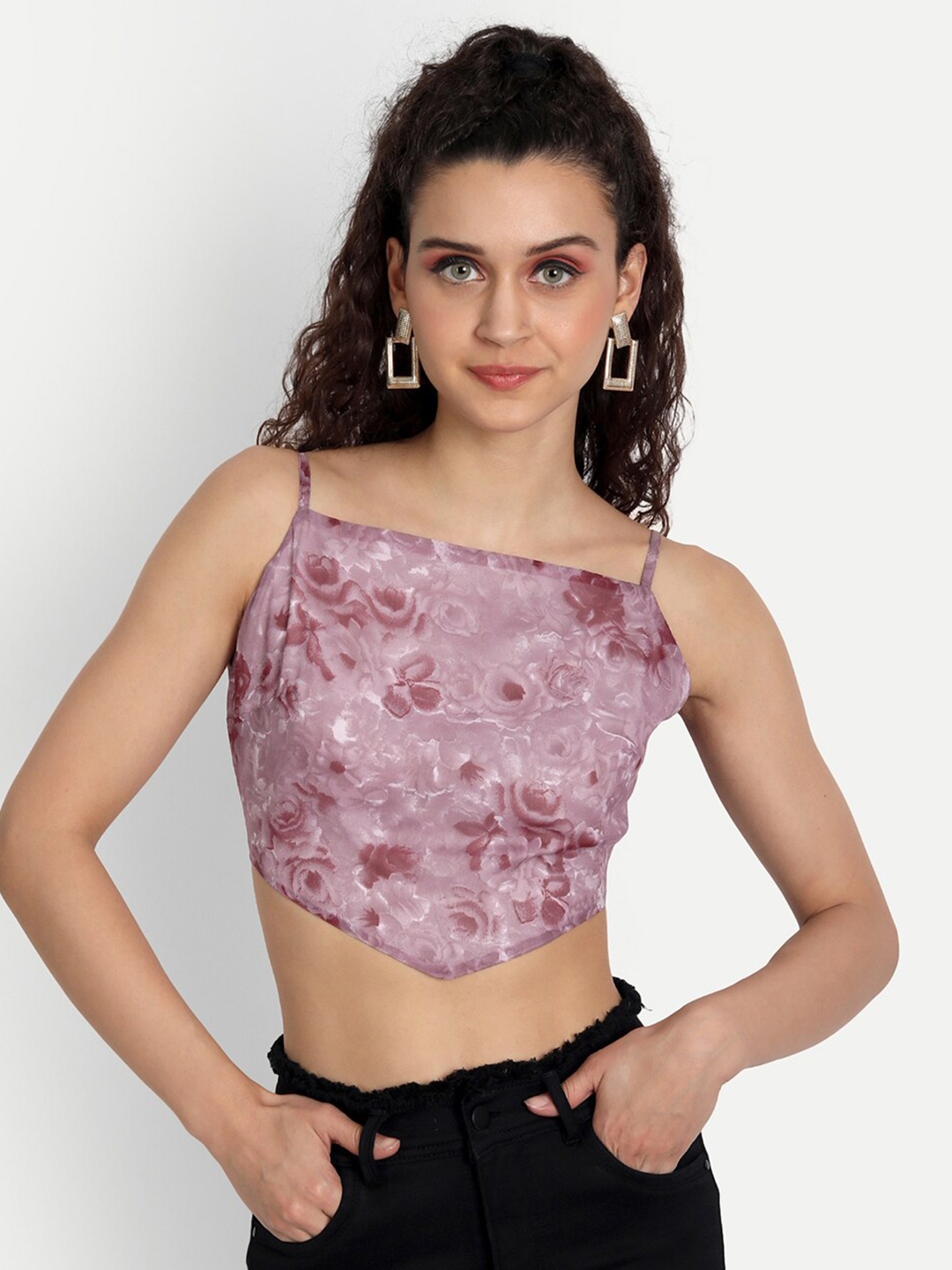 

ESSQUE Purple Floral Print Georgette Tank Crop Top