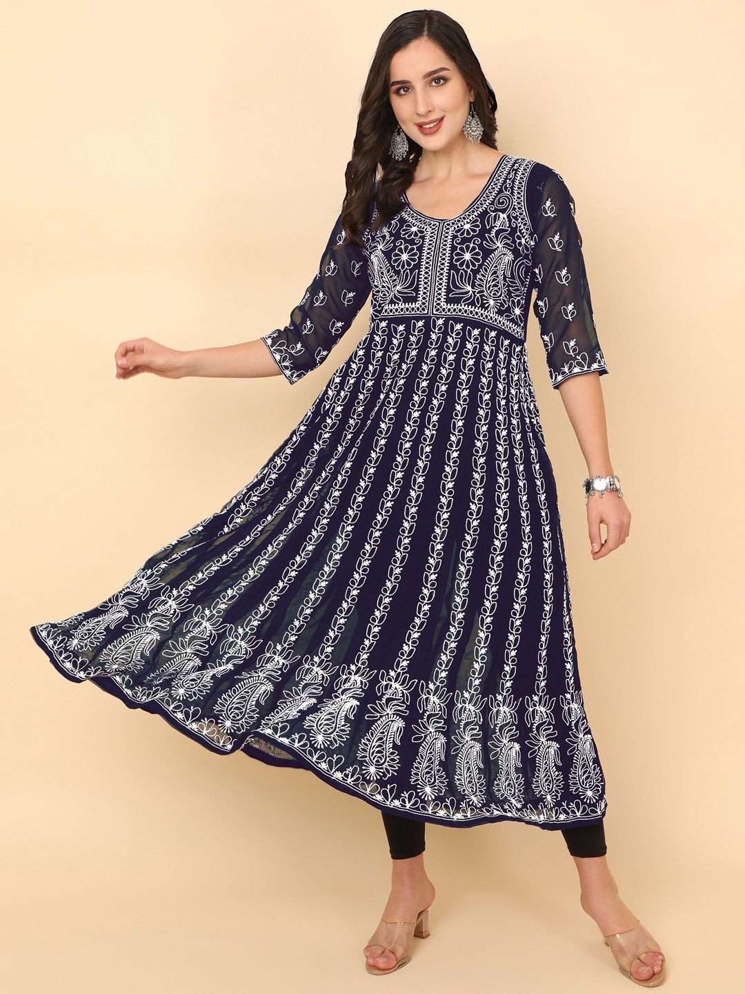 

HERENOW Women Chikankari Embroidered Thread Work Georgette Anarkali Kurta, Navy blue