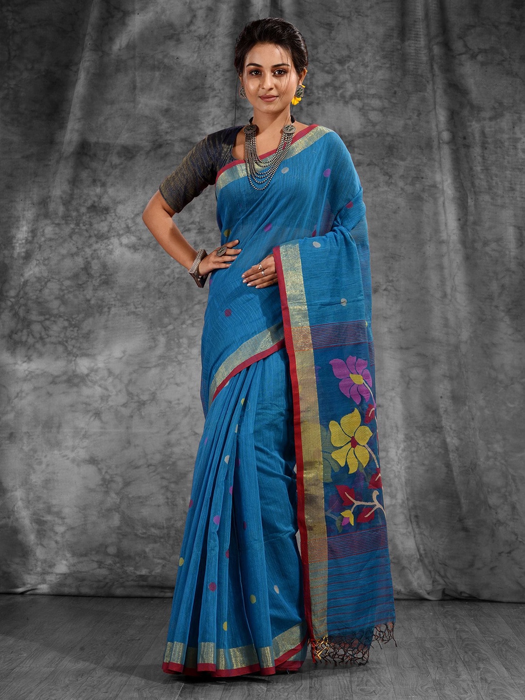 

Charukriti Teal & Yellow Woven Design Zari Pure Silk Saree