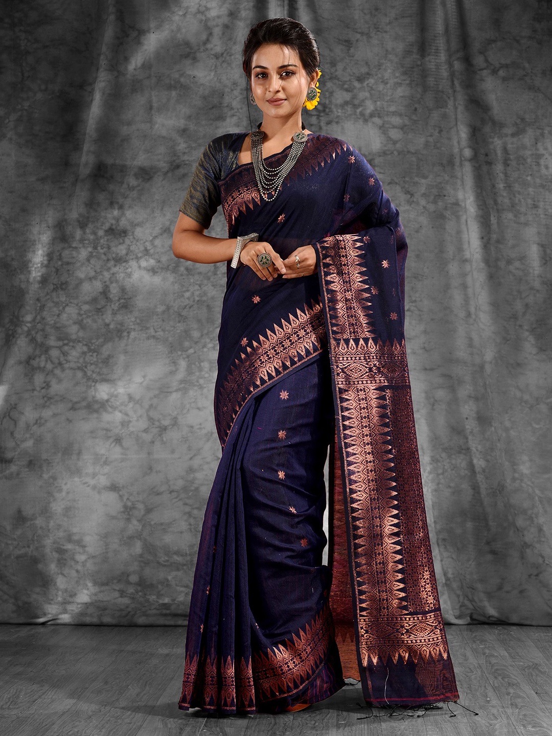 

Charukriti Blue & Copper-Toned Woven Design Zari Silk Cotton Saree