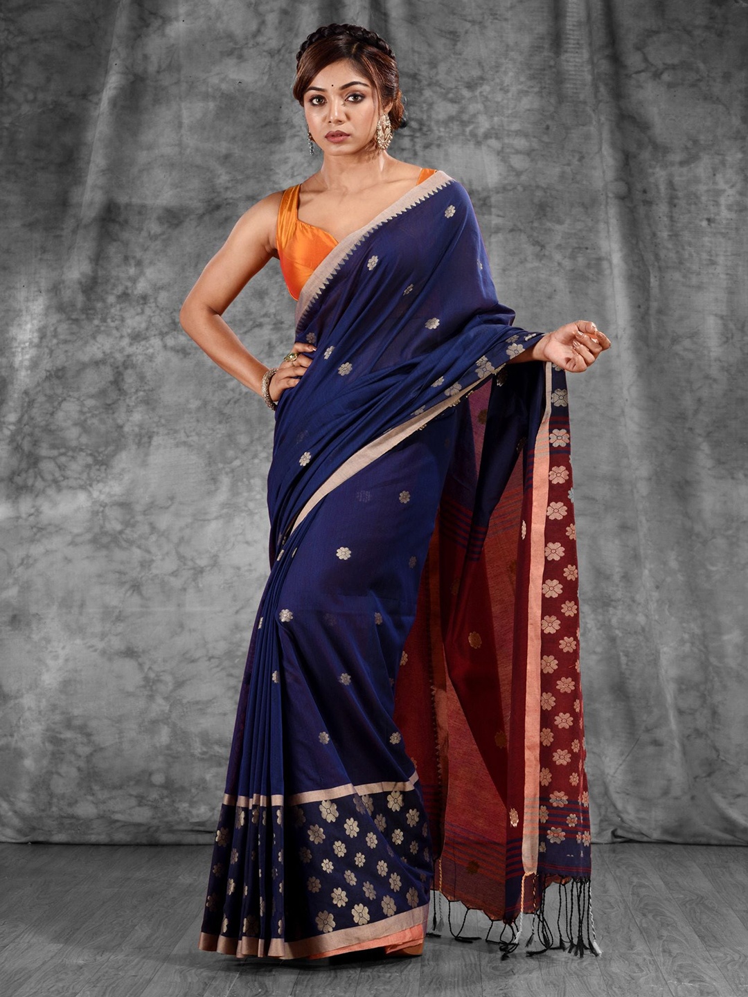 

Charukriti Blue & Brown Woven Design Zari Pure Cotton Saree