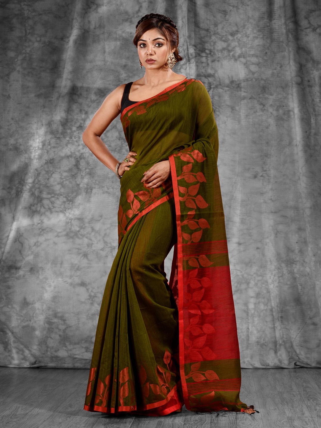 

Charukriti Green & Red Woven Design Zari Saree