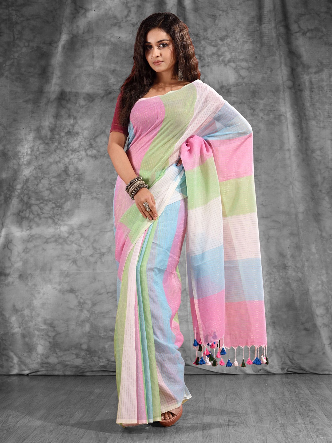 

Charukriti Pink & Green Striped Zari Pure Cotton Saree