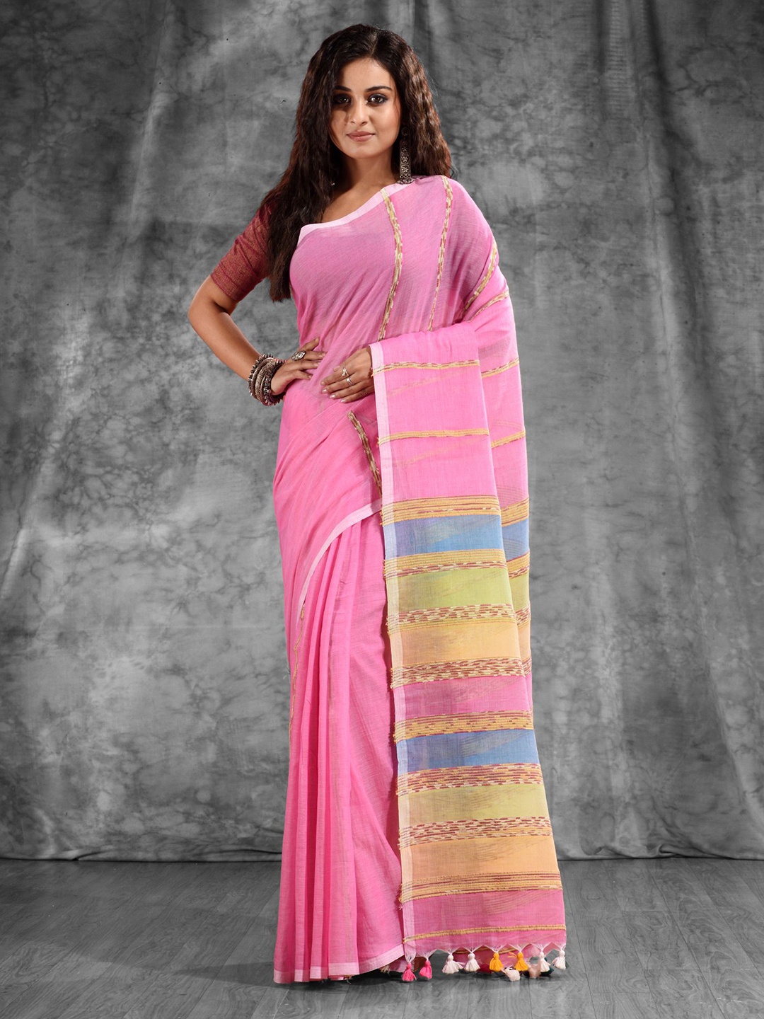 

Charukriti Pink & Blue Striped Pure Cotton Saree