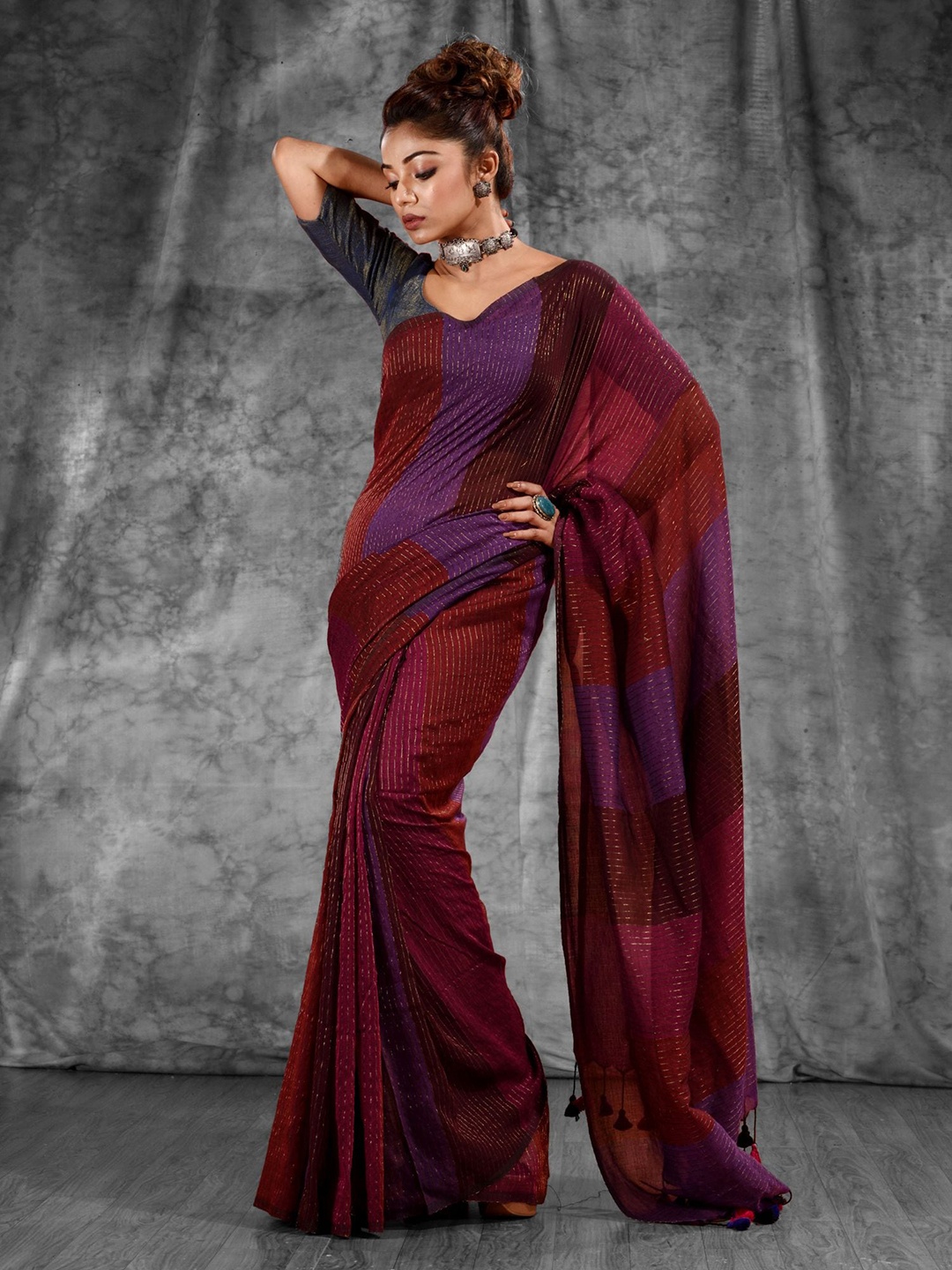 

Charukriti Maroon & Purple Striped Zari Pure Cotton Saree