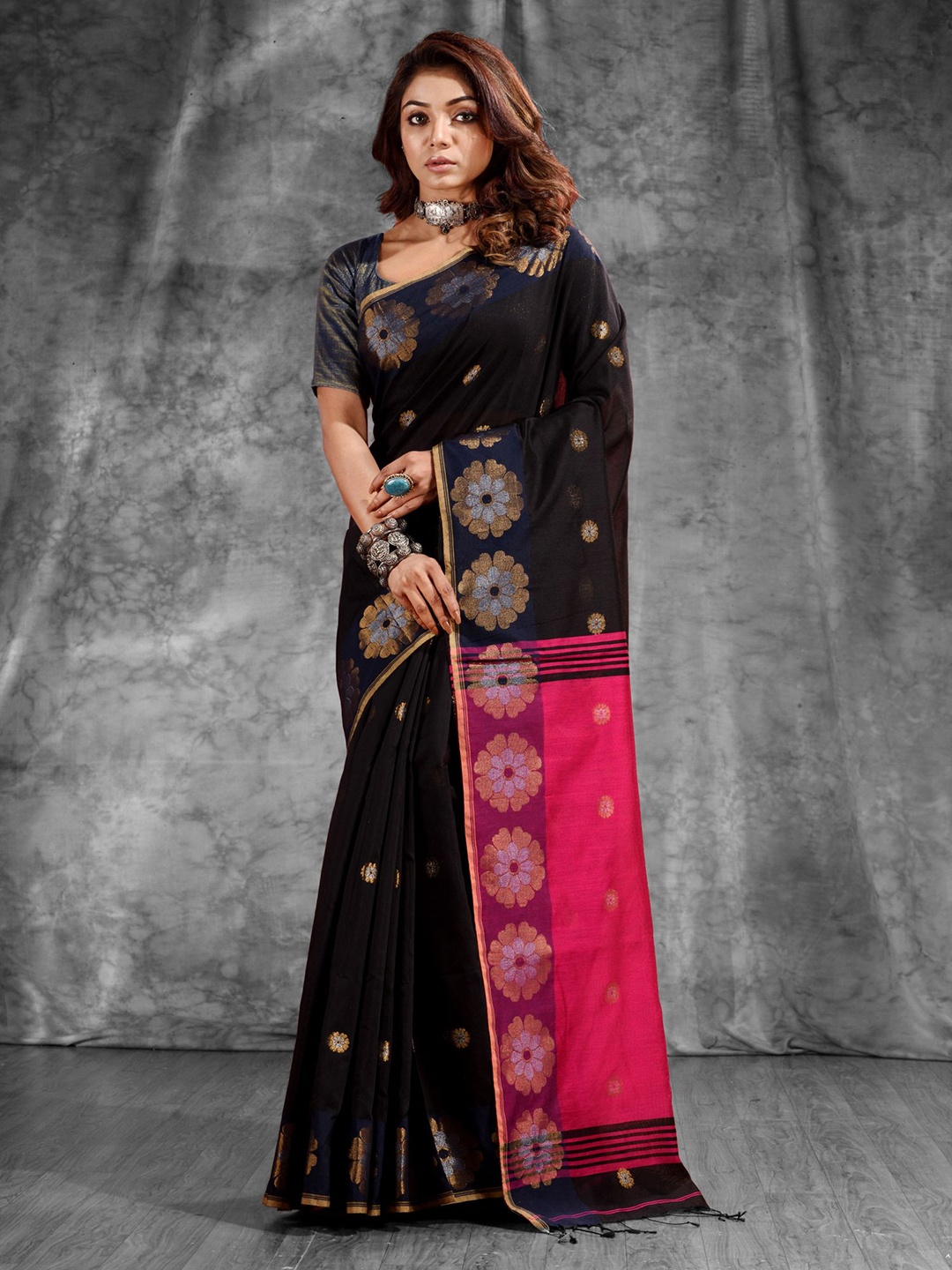 

Charukriti Black & Pink Woven Design Zari Saree