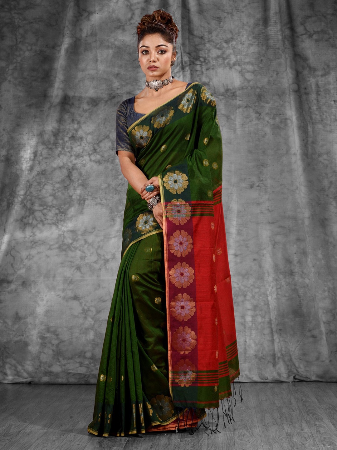 

Charukriti Green & Red Woven Design Zari Saree