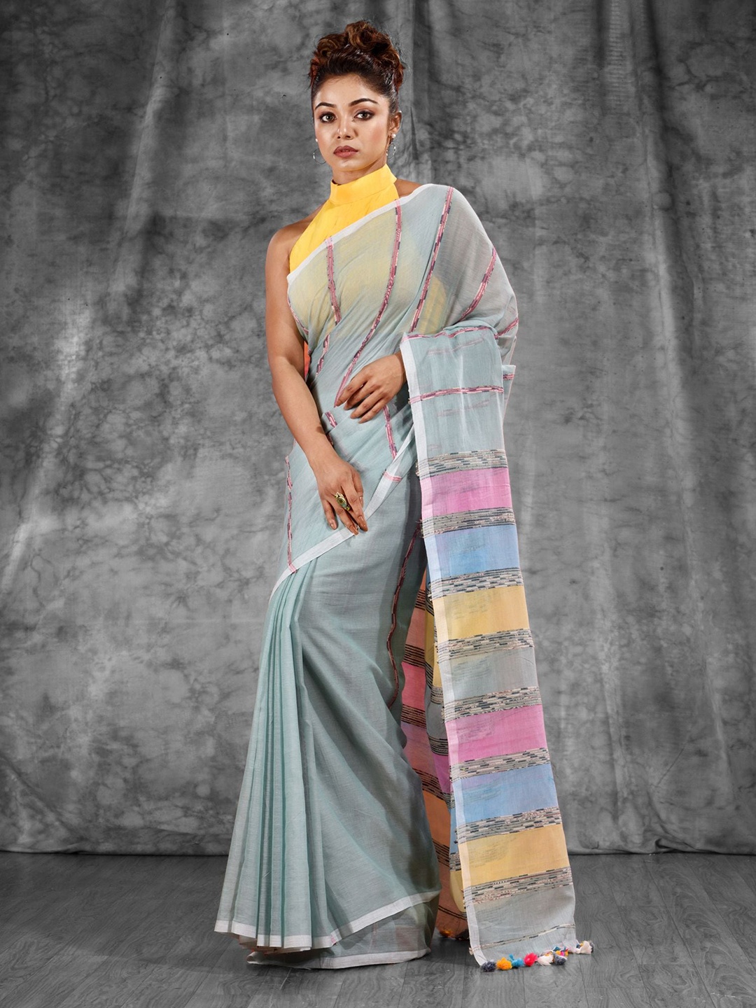 

Charukriti Green & Pink Striped Pure Cotton Saree
