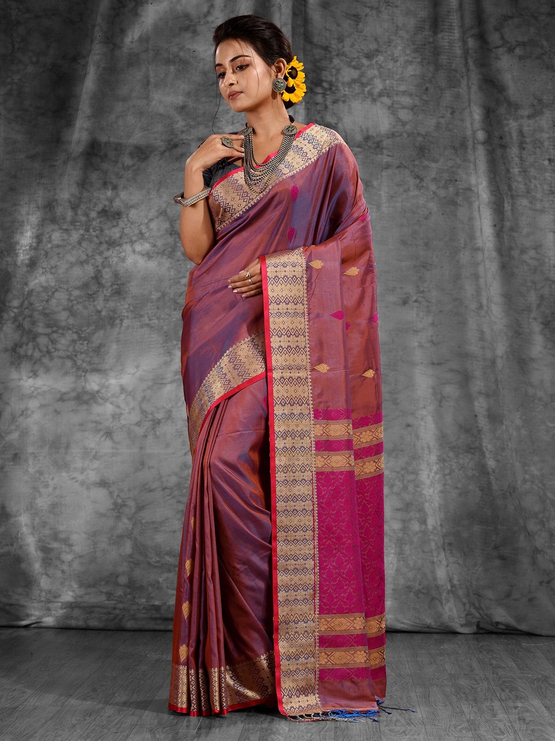 

Charukriti Magenta & Gold-Toned Woven Design Zari Silk Blend Saree