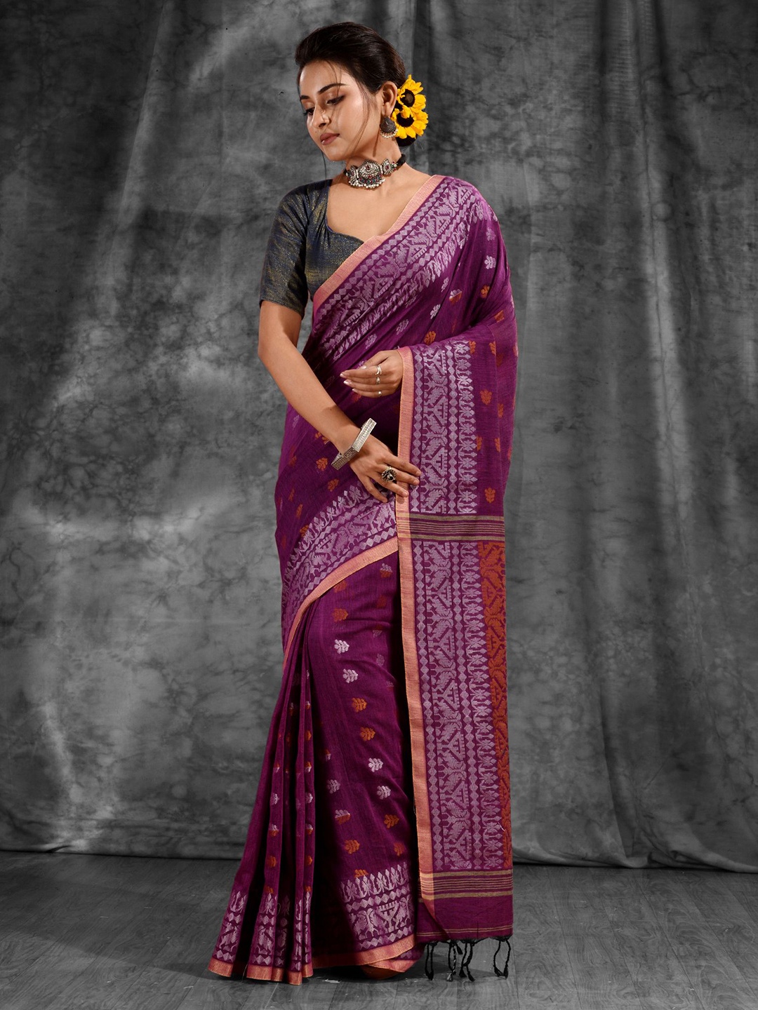 

Charukriti Purple & Red Woven Design Zari Pure Cotton Saree