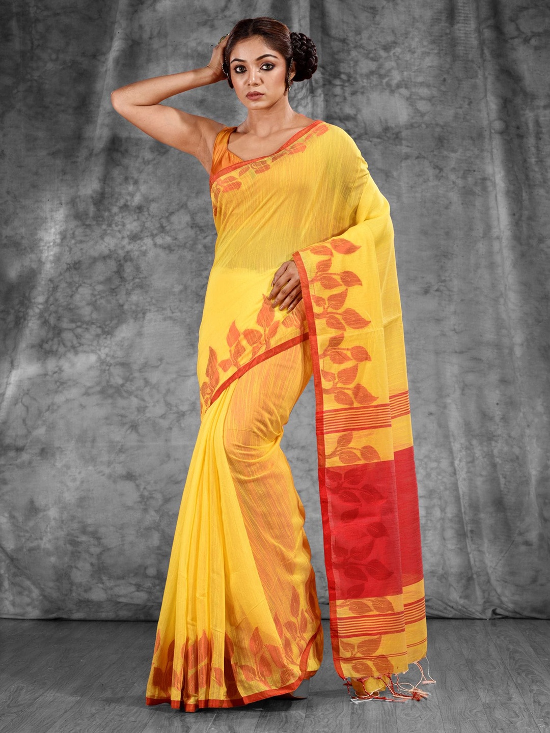

Charukriti Yellow & Orange Woven Design Border Cotton Blend Saree