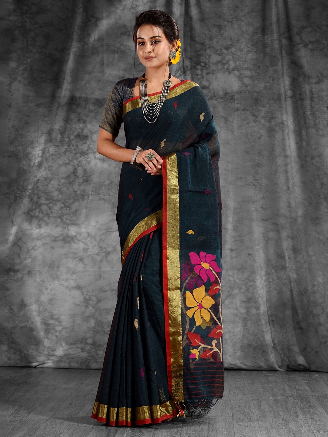 

Charukriti Black & Yellow Woven Design Zari Pure Cotton Saree